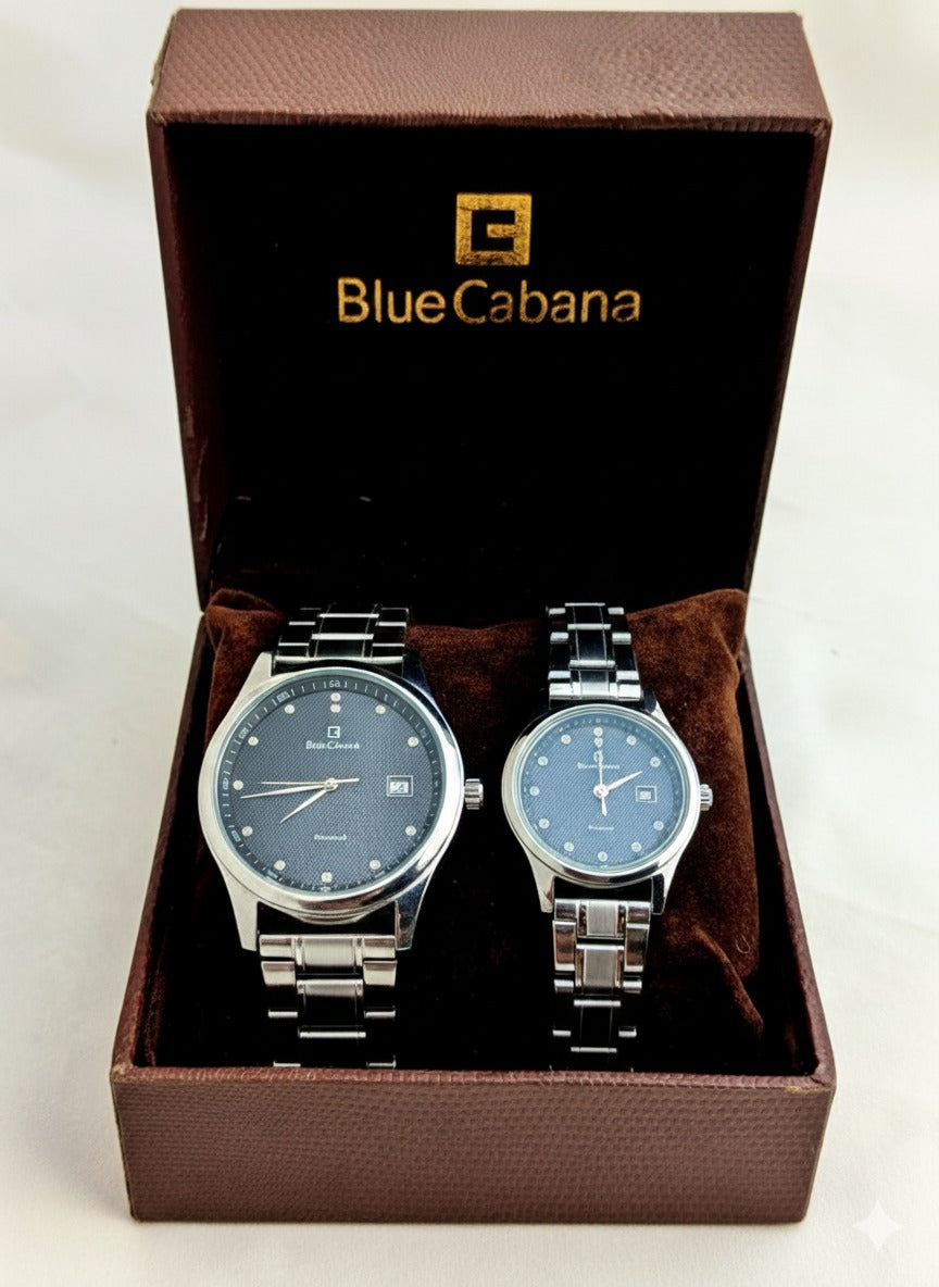 Blue Cabana "Diamond Embrace" Couple's Silver-Tone Watch Set